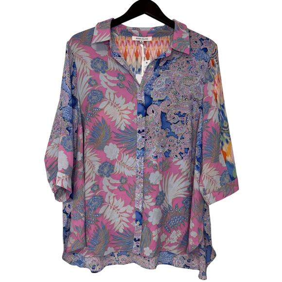 Rose & Olive Floral Button Down Top Women's 1X Pink Blue Paisley Tie Knot Light - Picture 1 of 12